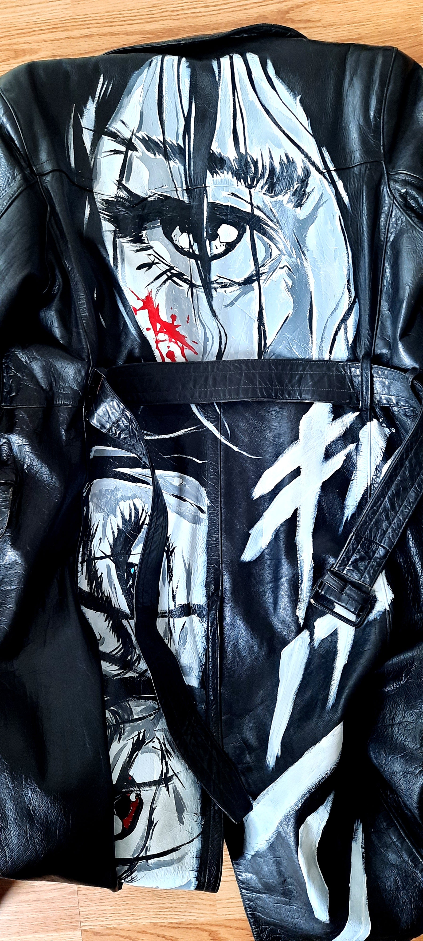 "Matrix Leather Coat" Customized Long Hand-Painted Black Leather Coat