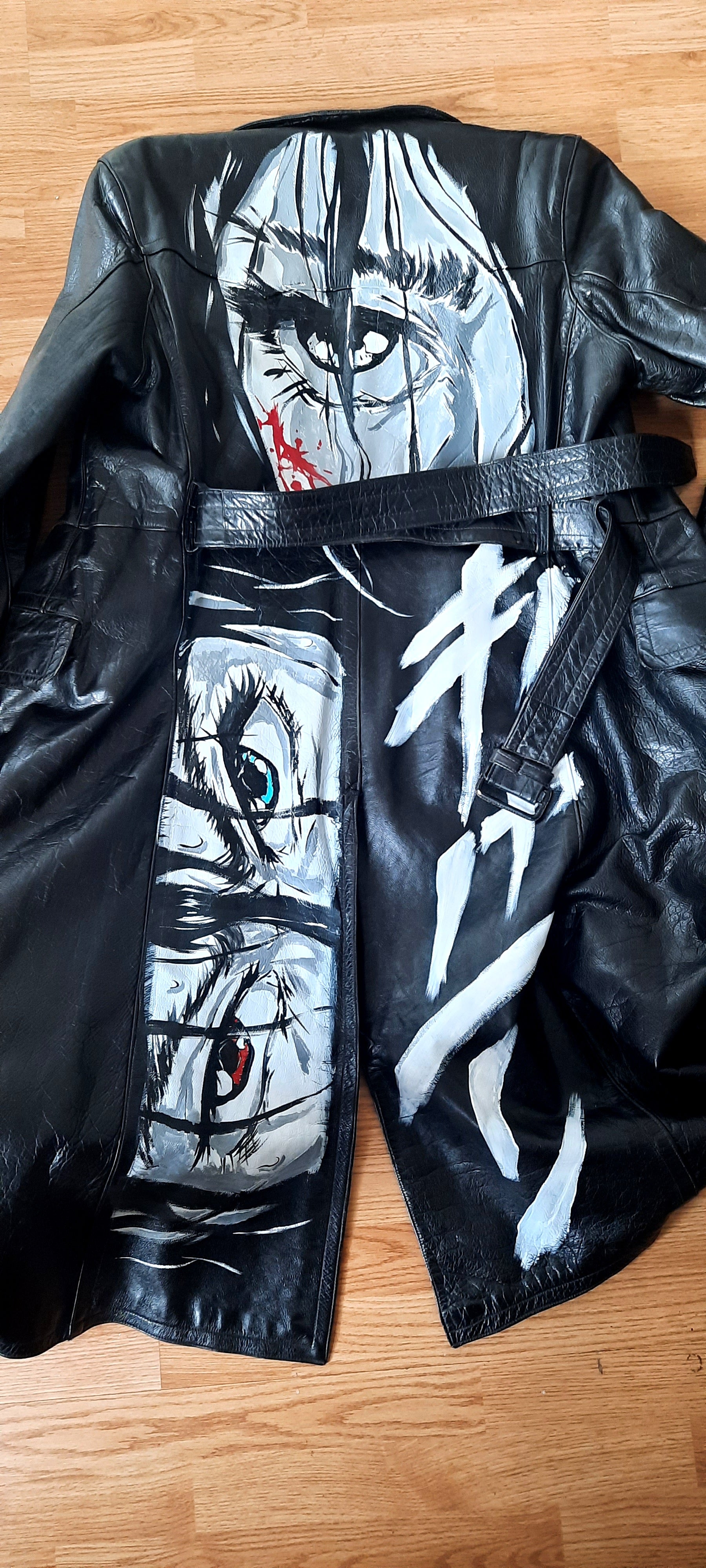"Matrix Leather Coat" Customized Long Hand-Painted Black Leather Coat