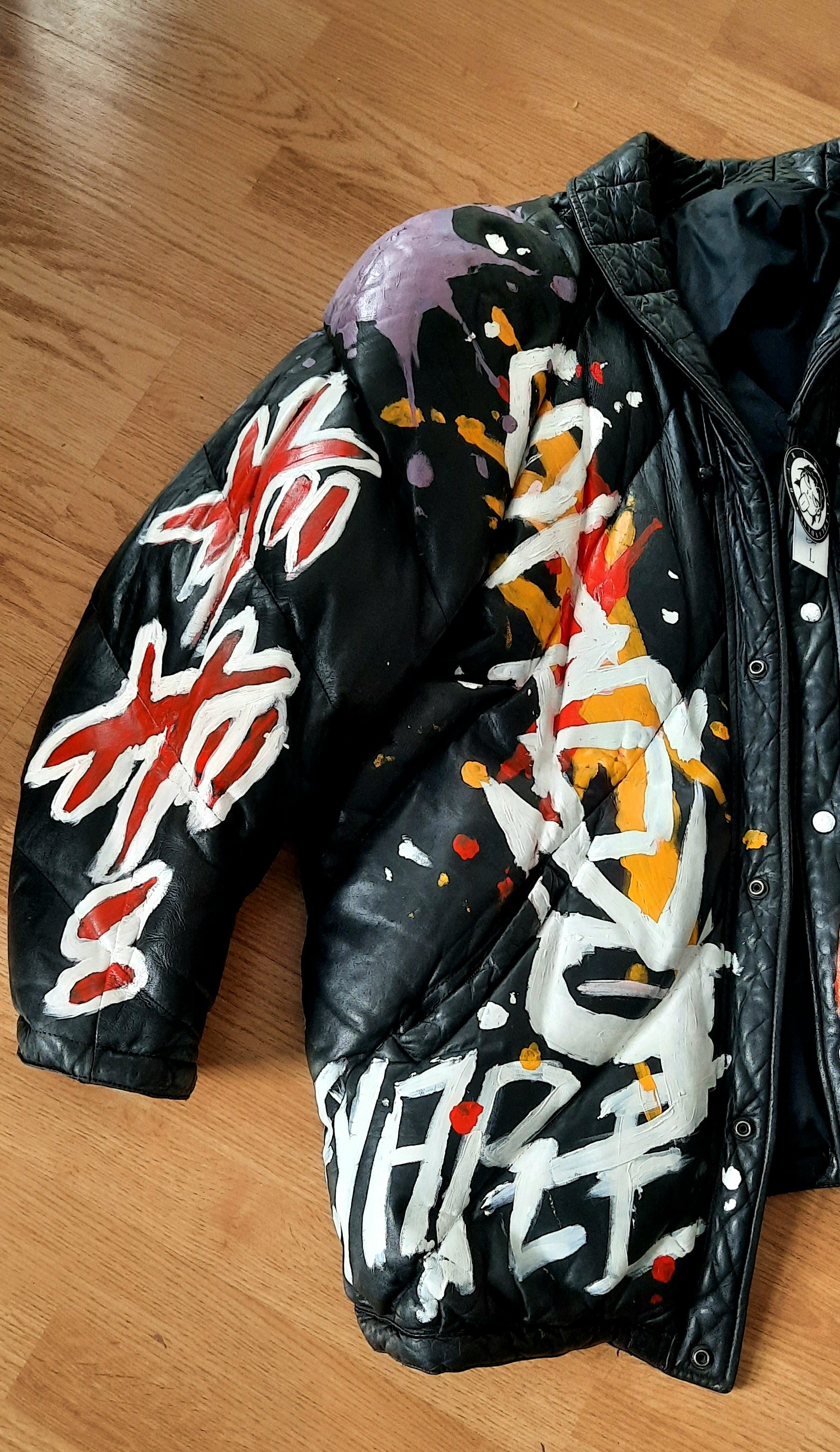 “Soft Power // They Don't Know” Customized Black Leather Puffer Jacket