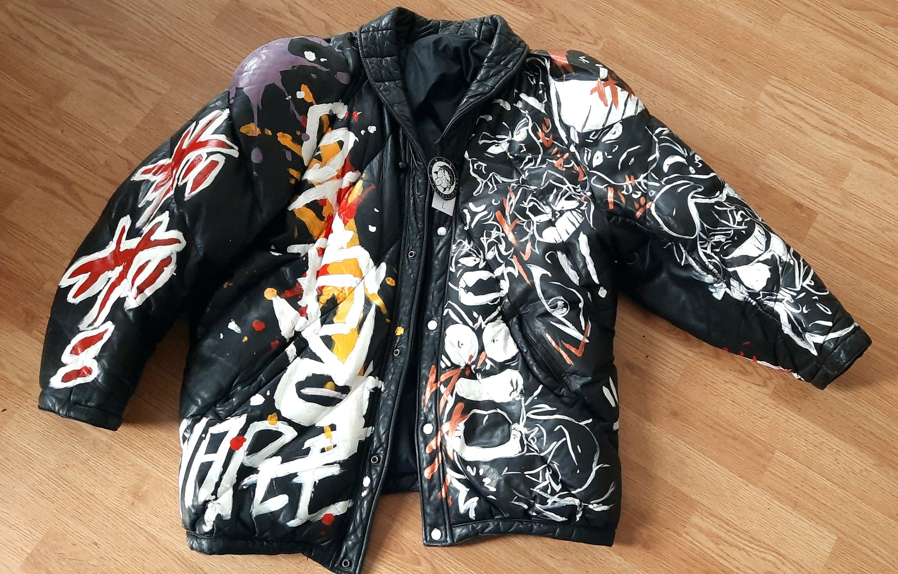 “Soft Power // They Don't Know” Customized Black Leather Puffer Jacket