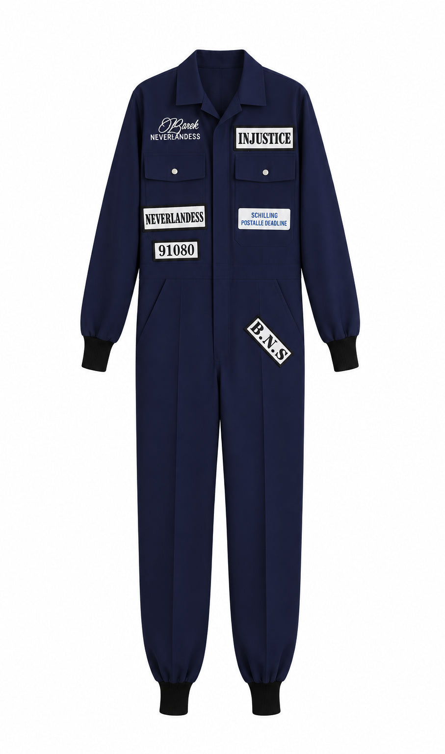 Barek Neverlandess London streetwear - “Midnight Code” Oversized Navy Jumpsuit unique designer fashion artwork