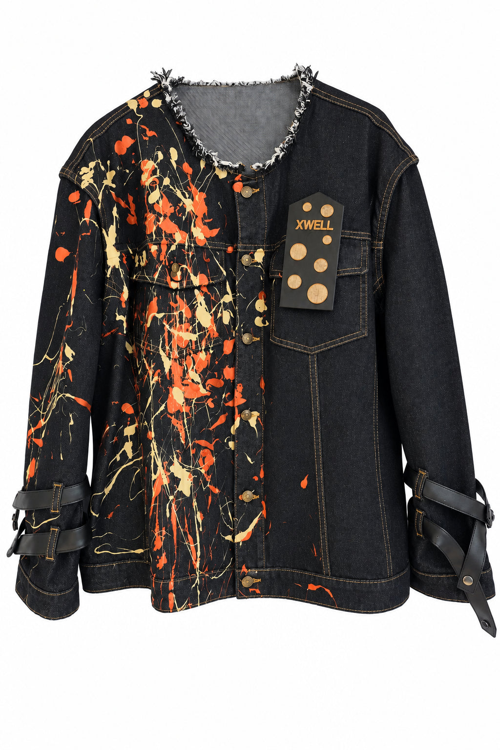Oversized dark denim Albert Einstein Denim Jacket with hand-painted orange and cream abstract splashes and adjustable strap sleeves.