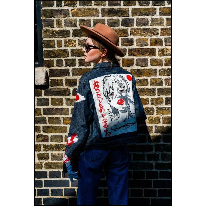 “Become What You Desire” Dark Blue Customized Fitted Denim Jacket for Women
