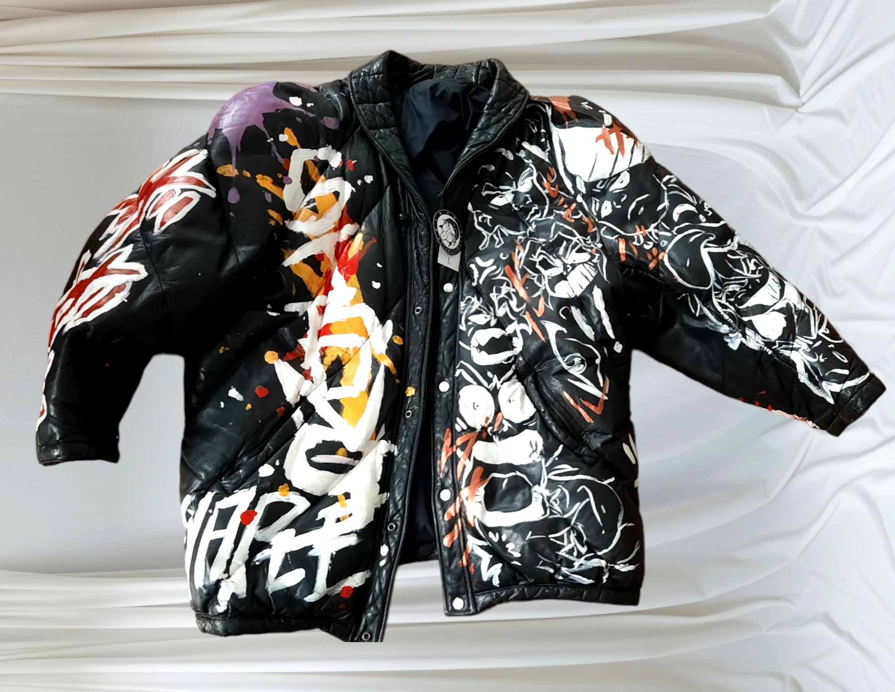 “Soft Power // They Don't Know” Customized Black Leather Puffer Jacket
