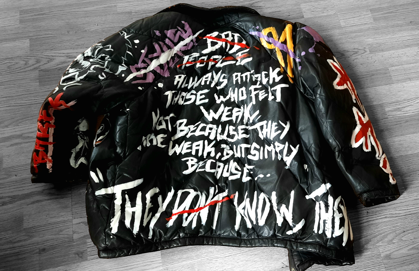 “Soft Power // They Don't Know” Customized Black Leather Puffer Jacket