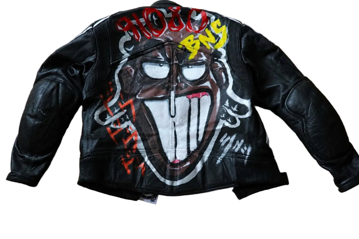 Barek Neverlandess London streetwear - “Contour Code” Fitted Black Leather Jacket unique designer fashion artwork