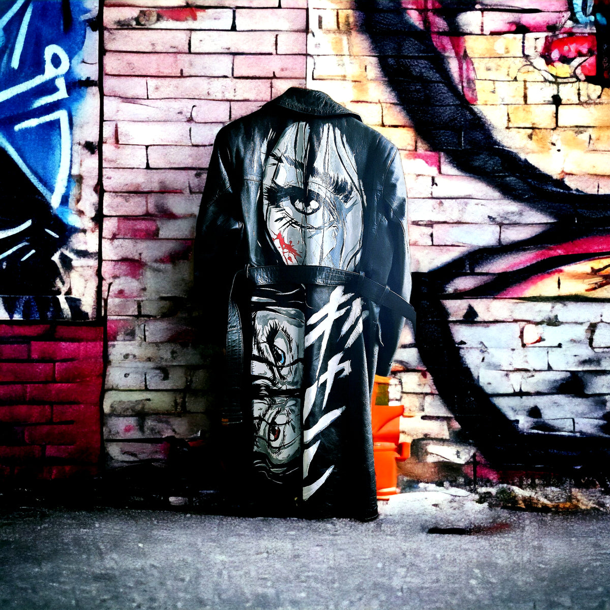 "Matrix Leather Coat" Customized Long Hand-Painted Black Leather Coat