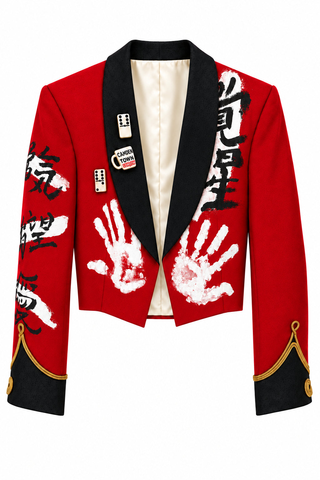 Hand Painted Red Velvet Jacket with black lapels, white handprint graphics, gold cuff trim, and bold black lettering designs.