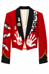 Hand Painted Red Velvet Jacket with black lapels, white handprint graphics, gold cuff trim, and bold black lettering designs.