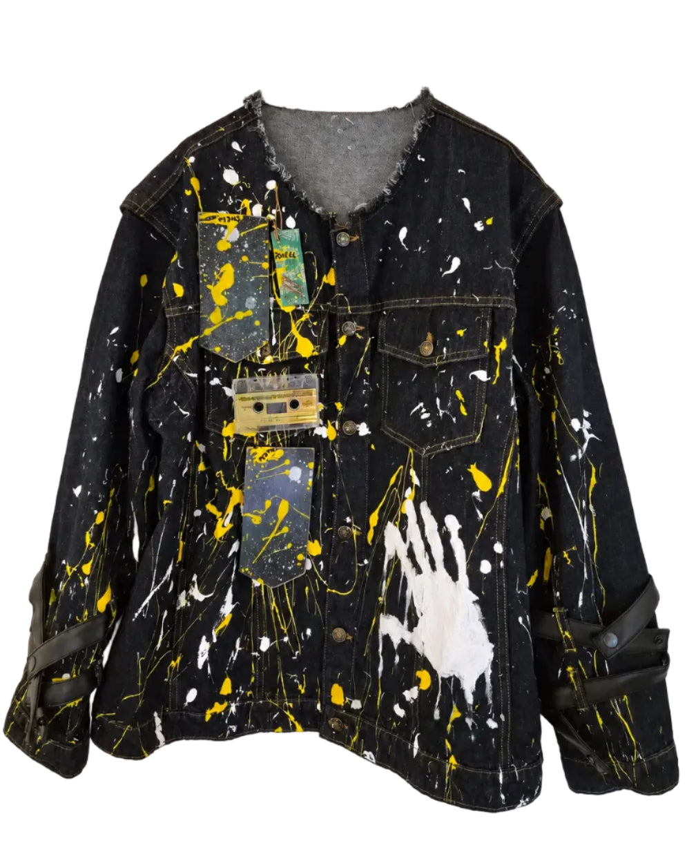 John Lennon Hand-Painted Denim Jacket in black denim with yellow, white and grey paint splatters, handprint and cassette details