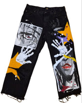 Hand-Painted Customized Lee Jeans in black denim with portrait, white handprint, geometric and colourful painted artwork, raw hems