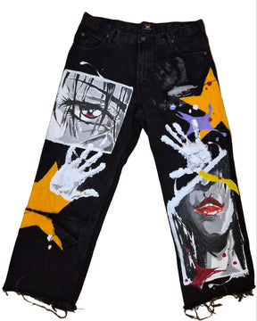 Hand-Painted Customized Lee Jeans in black denim with portrait, white handprint, geometric and colourful painted artwork, raw hems
