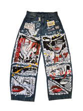 Boyfriend Jeans in washed blue denim, hand-painted with expressive black, white, grey and vivid red portraits
