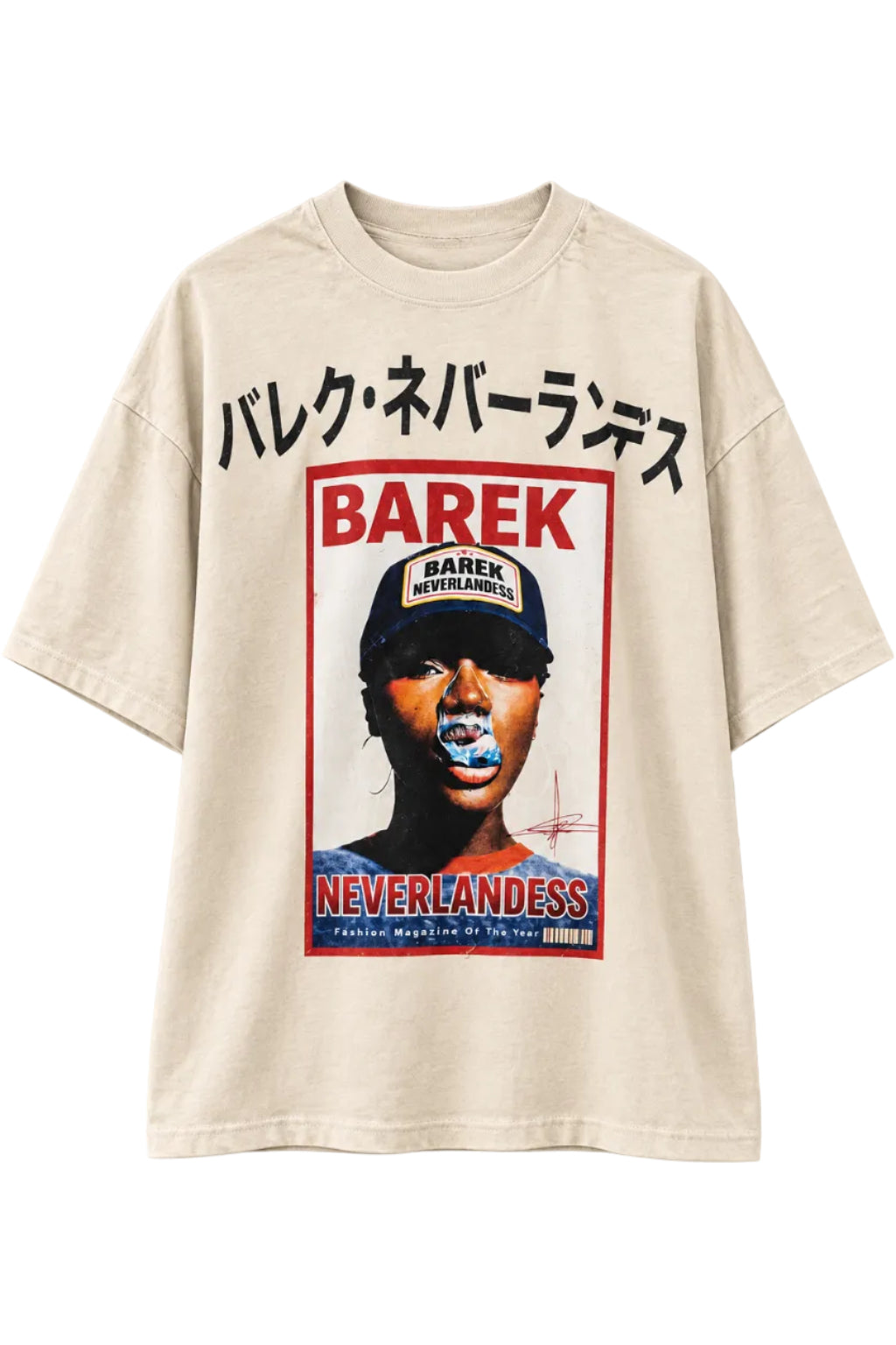 Oversized T-Shirt in cream cotton with bold BAREK NEVERLANDESS magazine-style portrait print and Japanese lettering