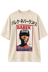 Oversized T-Shirt in cream cotton with bold BAREK NEVERLANDESS magazine-style portrait print and Japanese lettering