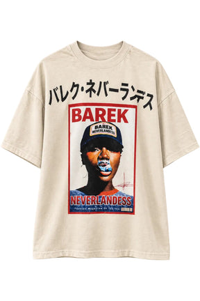 Oversized T-Shirt in cream cotton with bold BAREK NEVERLANDESS magazine-style portrait print and Japanese lettering