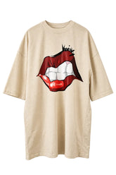 BAREK NEVERLANDESS Heavyweight Oversized T-Shirt in cream cotton with a bold red lips and teeth graphic print