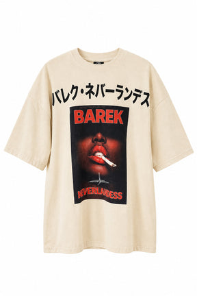 Oversized T-Shirt in cream heavyweight cotton with Japanese typography and bold BAREK Neverlandess graphic print