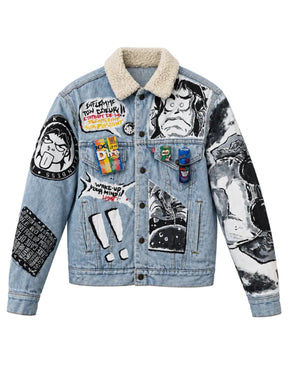 Barek Neverlandess London streetwear - "Urban Cipher” Medium Wash Oversized Denim Jacket unique designer fashion artwork