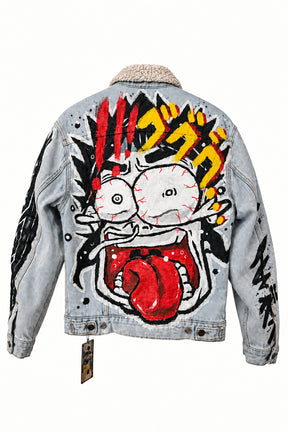 Barek Neverlandess London streetwear - "Urban Cipher” Medium Wash Oversized Denim Jacket unique designer fashion artwork