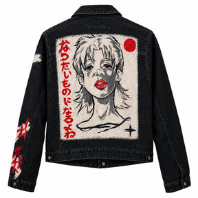 Barek Neverlandess London streetwear - “Become What You Desire” Dark Blue Customized Fitted Denim Jacket for Women unique designer fashion artwork