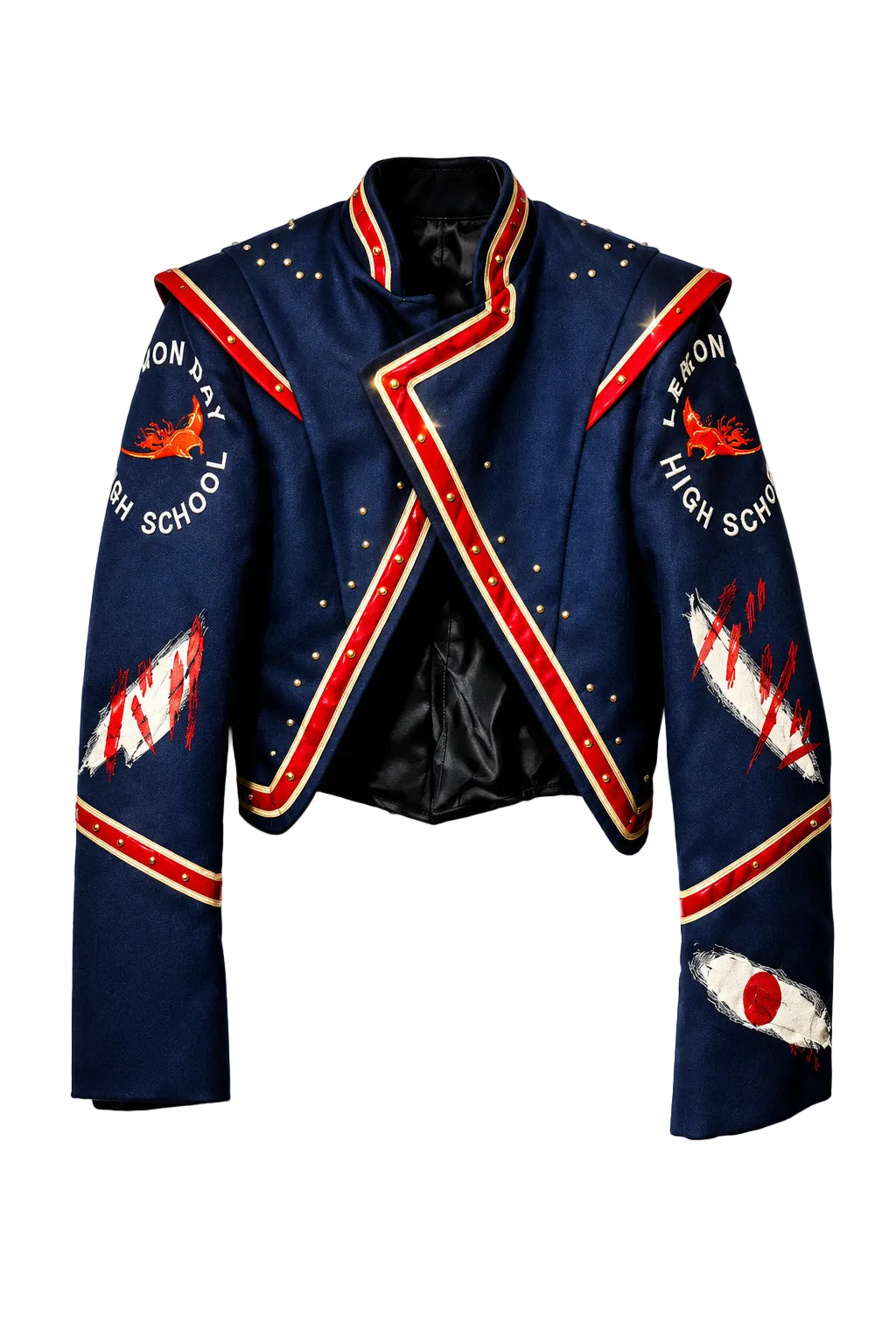 "Cheerleader" Jacket in navy blue fabric with red and white trim, gold studs, and hand-painted sleeve graphics.
