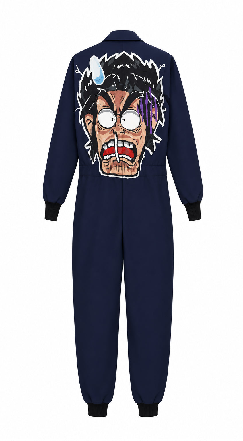 Barek Neverlandess London streetwear - “Midnight Code” Oversized Navy Jumpsuit unique designer fashion artwork