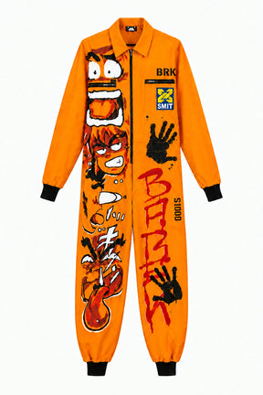Barek Neverlandess London streetwear - "Characters" Orange Customized Jumpsuit unique designer fashion artwork