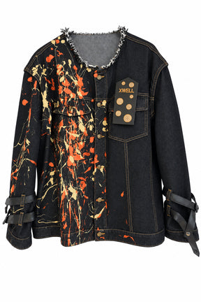 Oversized dark denim Albert Einstein Denim Jacket with hand-painted orange and cream abstract splashes and adjustable strap sleeves.