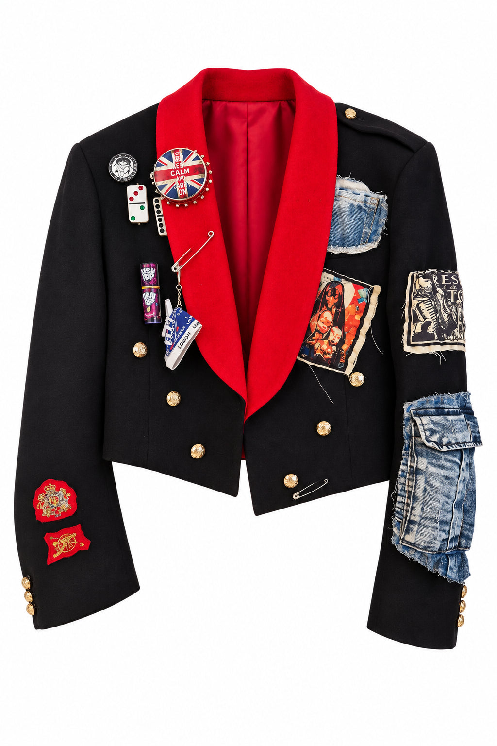 Black & Red Velvet Jacket featuring black velvet fabric, bold red shawl collar, gold buttons, denim patches, and eclectic pins and embellishments.