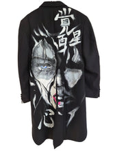 Long Tailcoat Blazer in black with hand-painted abstract face and bold white calligraphic elements on the back