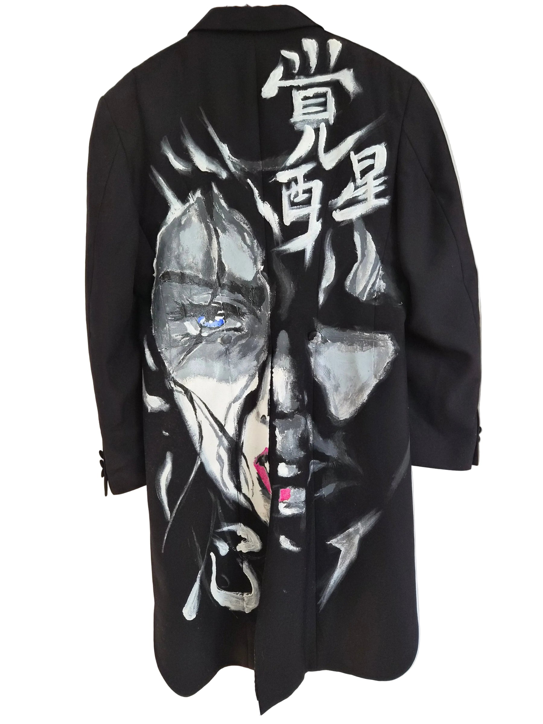 Long Tailcoat Blazer in black with hand-painted abstract face and bold white calligraphic elements on the back