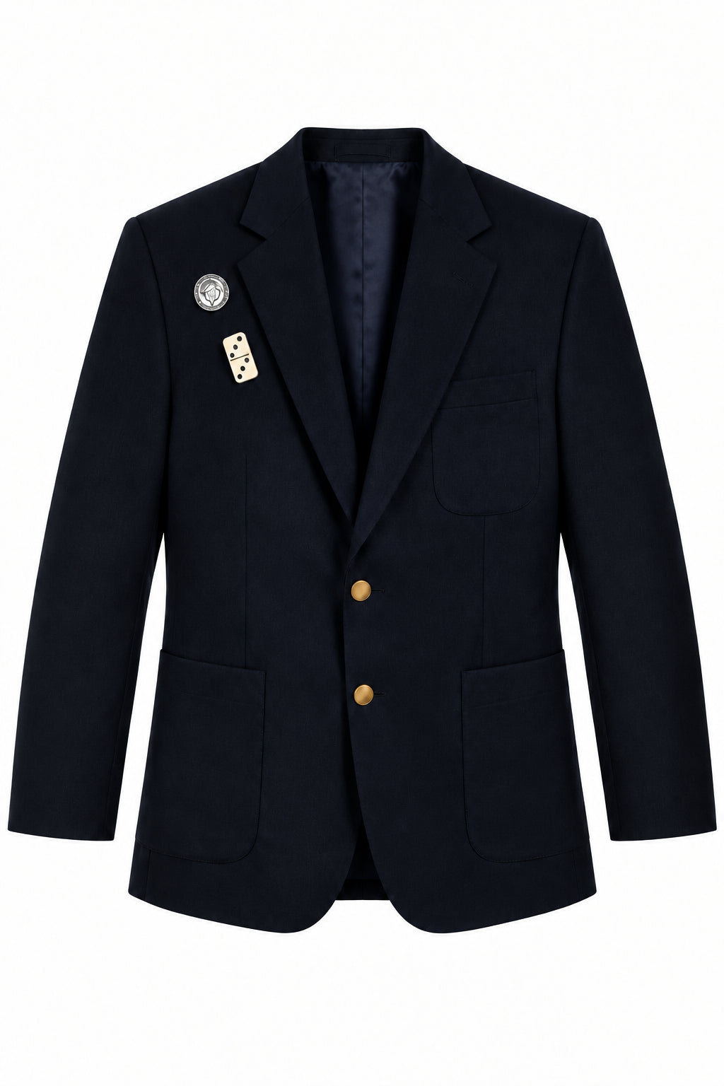 Black midnight blazer in dark wool with tailored lapels, gold-tone buttons, and decorative logo and domino pins
