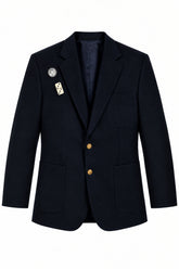 Black midnight blazer in dark wool with tailored lapels, gold-tone buttons, and decorative logo and domino pins
