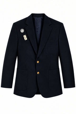 Black midnight blazer in dark wool with tailored lapels, gold-tone buttons, and decorative logo and domino pins
