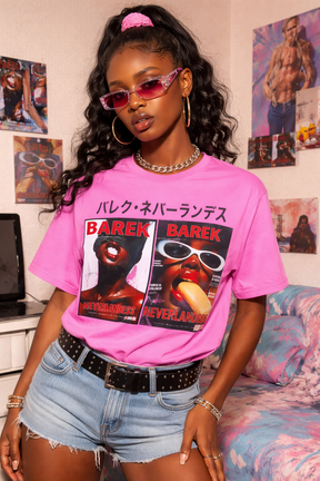 Barek Neverlandess London streetwear - T-SHIRT OVERSIZED BAREK NEVERLANDESS: Magazine Cover Tee • Rose Fuchsia unique designer fashion artwork