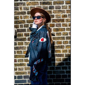 “Become What You Desire” Dark Blue Customized Fitted Denim Jacket for Women