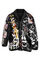 Barek Neverlandess London streetwear - “Soft Power // They Don't Know” Customized Black Leather Puffer Jacket unique designer fashion artwork
