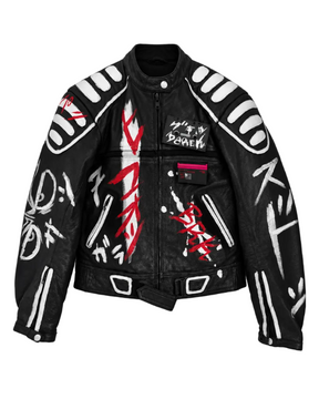 Barek Neverlandess London streetwear - “Code Contour” Fitted Black Leather Jacket unique designer fashion artwork