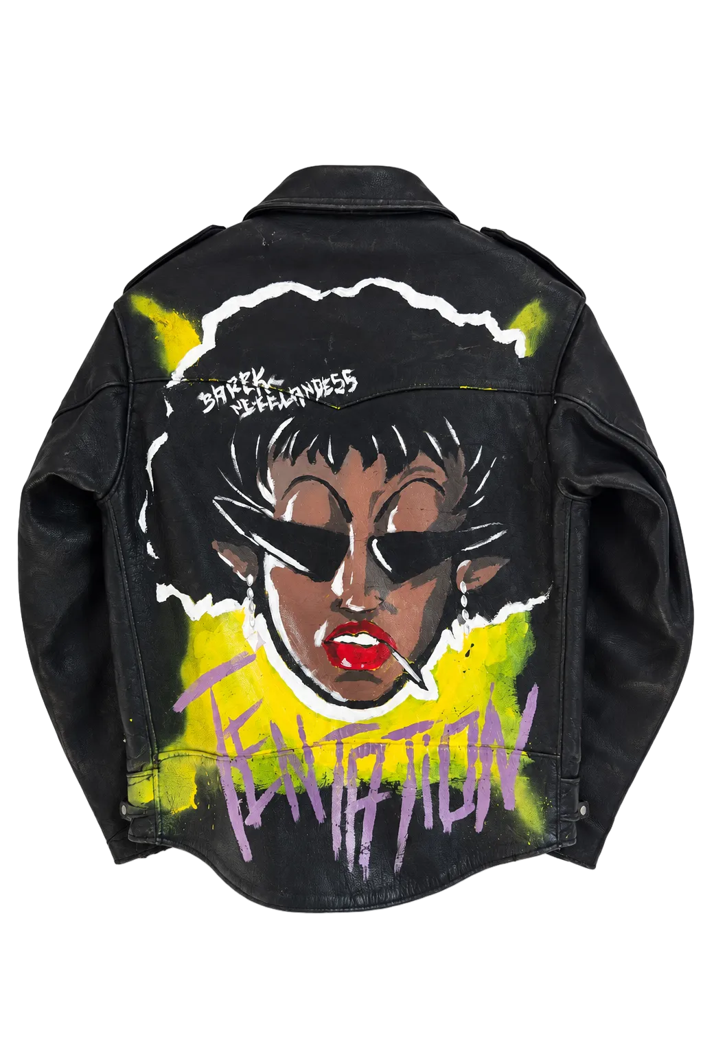 Barek Neverlandess London streetwear - "Tentation" Biker Fitted Leather Jacket Woman unique designer fashion artwork