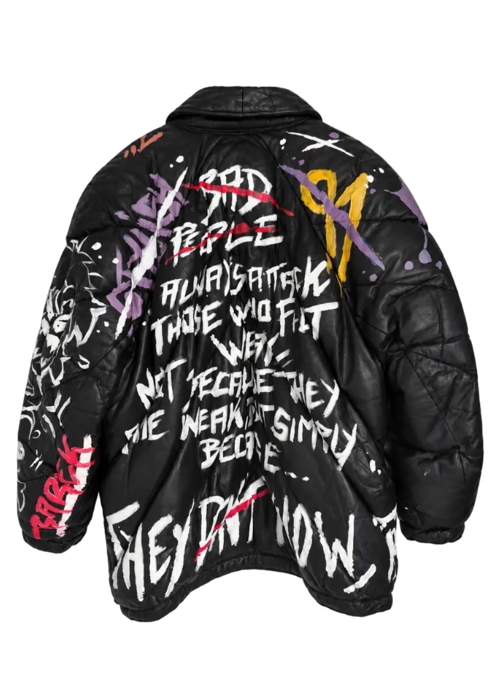 Barek Neverlandess London streetwear - “Soft Power // They Don't Know” Customized Black Leather Puffer Jacket unique designer fashion artwork