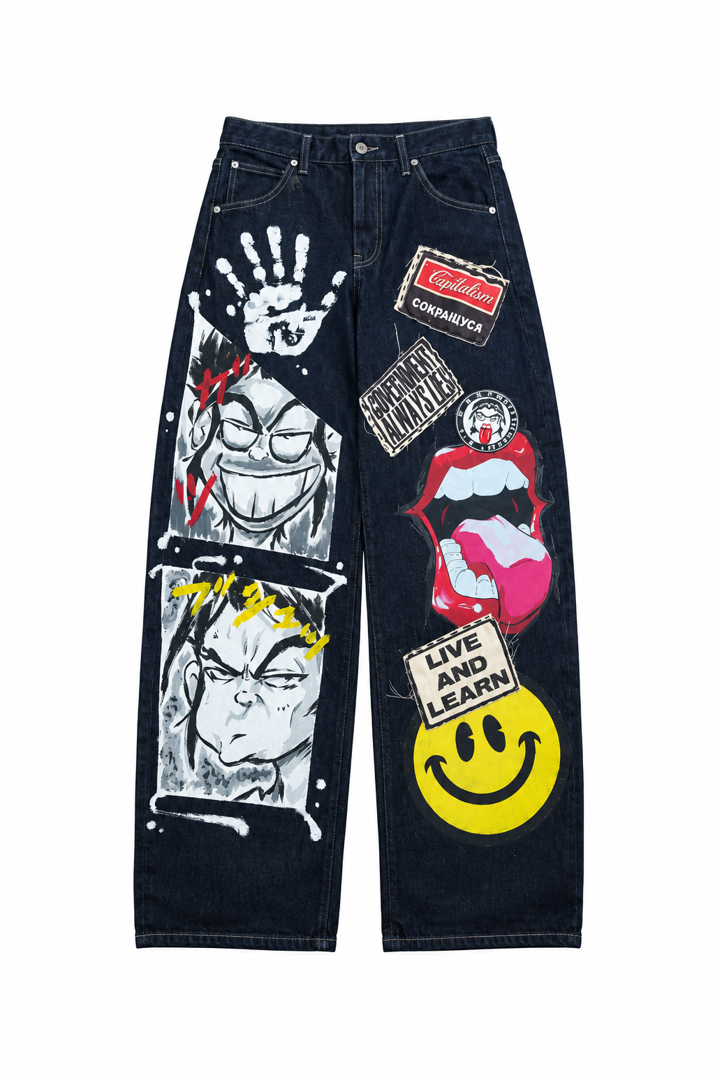 Hand-Painted High-Waisted Women's Jeans in dark blue denim, with wide legs and bold hand-painted faces, lips, and smiley graphics.